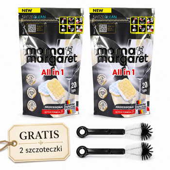 Zestaw Mama Margaret – 2x tabletki do zmywarki 3-warstwowe All in 1 + 2x Szczoteczka Magic Brush 360 czarna Spitze Clean | PONAD 22% OSZCZĘDNOŚCI