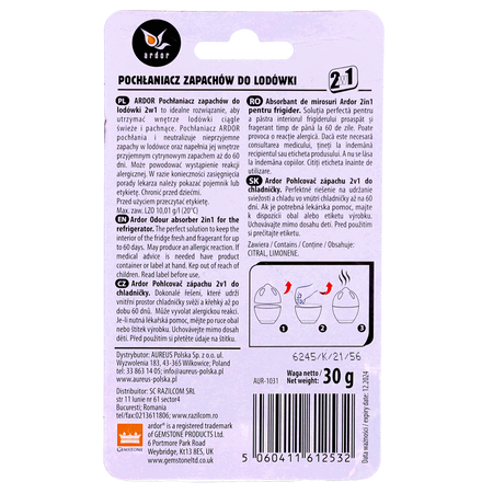 Ardor Pochłaniacz zapachów do lodówki 2w1 cytryna